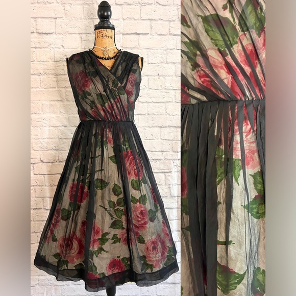 Vintage Dresses & Skirts - Vintage 50s Dress WOUNDED BIRD Black Pink Floral Midi Evening Formal Party Prom